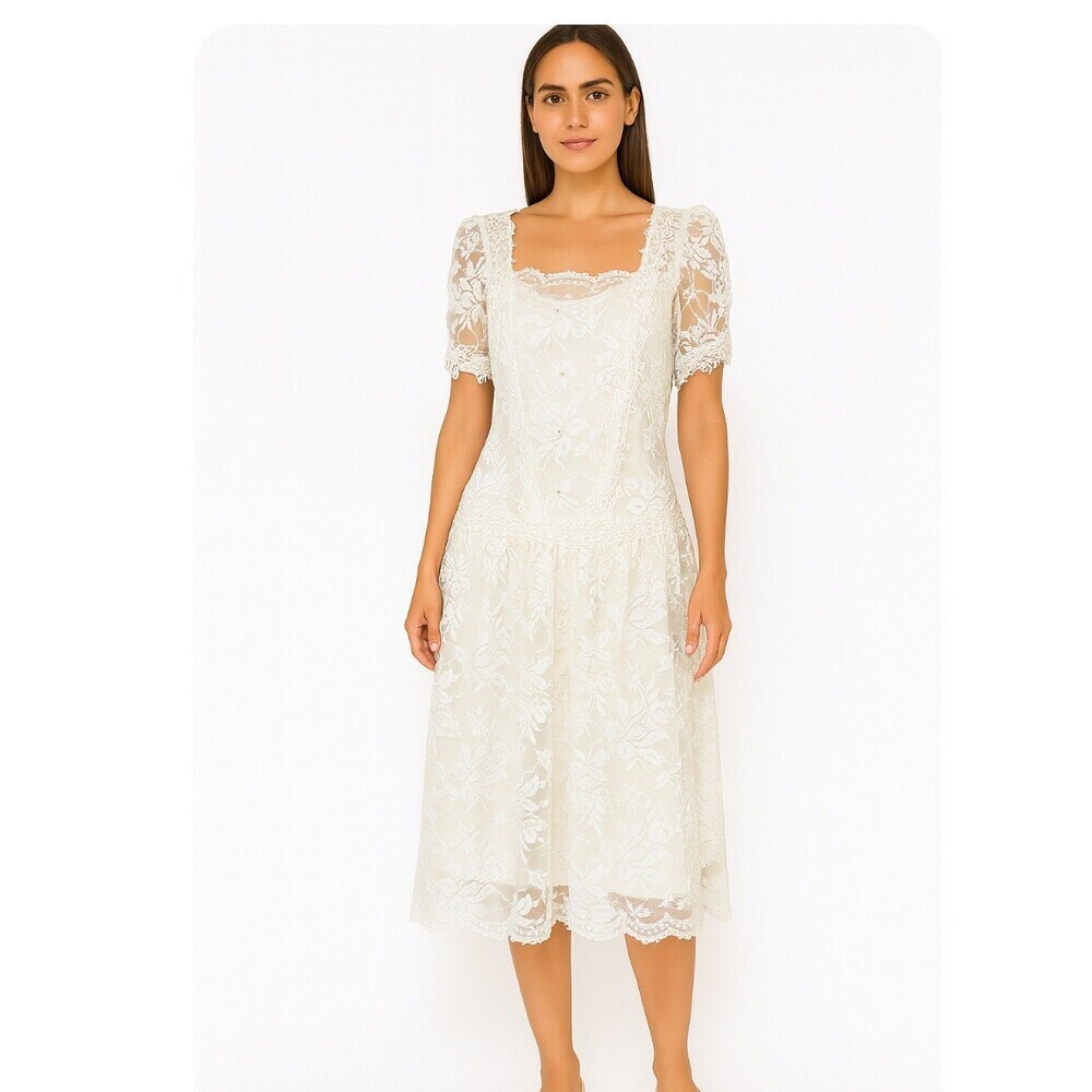 VINTAGE 1980s wedding dress Cachet By Bari Protas Ivory Lace Dress long SZ 6